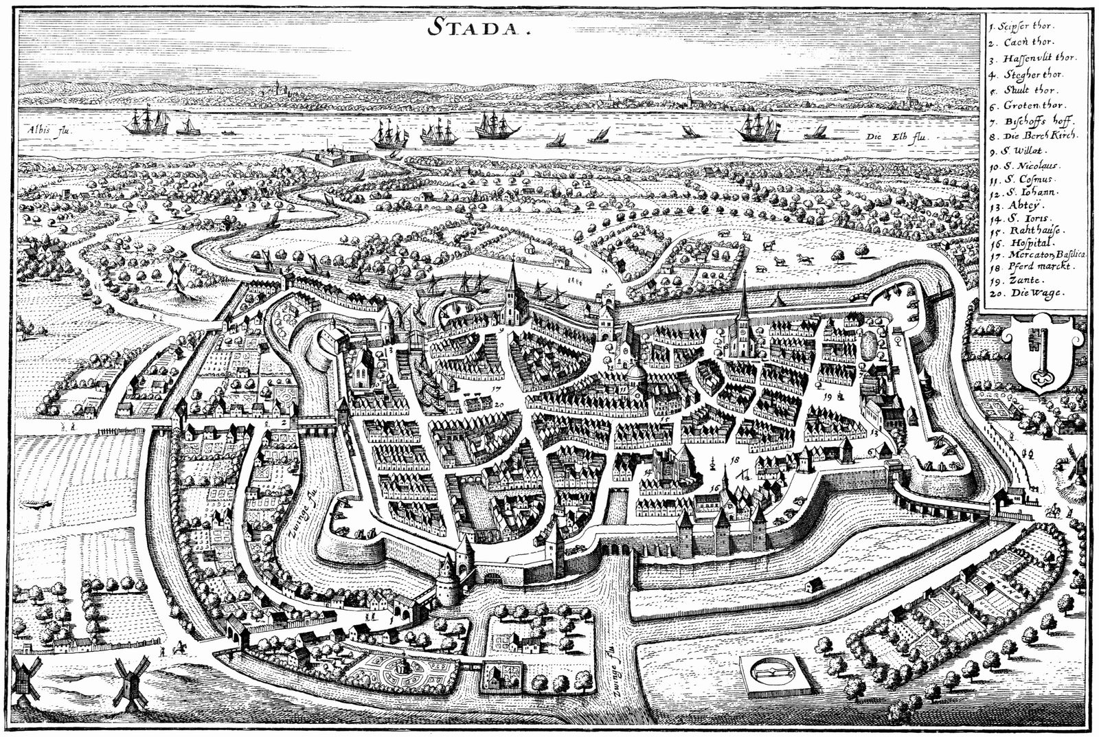 Stade um 1640, Kupferstich nach Matthäus Merian