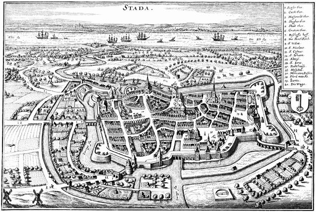 Stade um 1640, Kupferstich nach Matthäus Merian